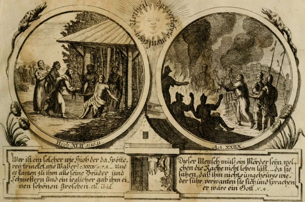 An illustration from Hundert sinn- und lehr reiche Vergleichungs-Sonnette uber die Sonn- und Fest-Tags-Evangelien, ingleichen die Apostel-Geschichte : uber welchen zugleich zwey hundert aus dem Alten und Neuen Testament in Kupfer-Stich erbaulich vorgestellte Biblische Historien : nebst darauf zielenden Sinn-Bildern und darzu gehörigen Uber- und Unterschrifften befindlich, 1721, leaf 218