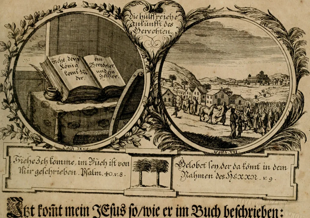 An illustration from Hundert sinn- und lehr reiche Vergleichungs-Sonnette uber die Sonn- und Fest-Tags-Evangelien, ingleichen die Apostel-Geschichte : uber welchen zugleich zwey hundert aus dem Alten und Neuen Testament in Kupfer-Stich erbaulich vorgestellte Biblische Historien : nebst darauf zielenden Sinn-Bildern und darzu gehörigen Uber- und Unterschrifften befindlich, 1721, leaf 22