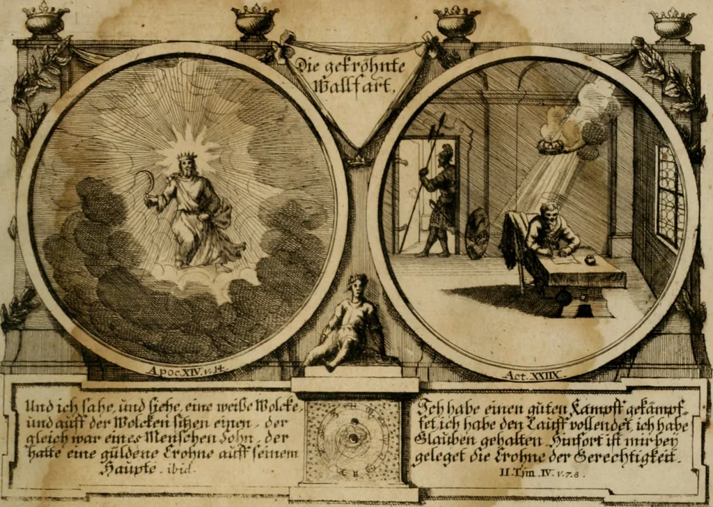 An illustration from Hundert sinn- und lehr reiche Vergleichungs-Sonnette uber die Sonn- und Fest-Tags-Evangelien, ingleichen die Apostel-Geschichte : uber welchen zugleich zwey hundert aus dem Alten und Neuen Testament in Kupfer-Stich erbaulich vorgestellte Biblische Historien : nebst darauf zielenden Sinn-Bildern und darzu gehörigen Uber- und Unterschrifften befindlich, 1721, leaf 220