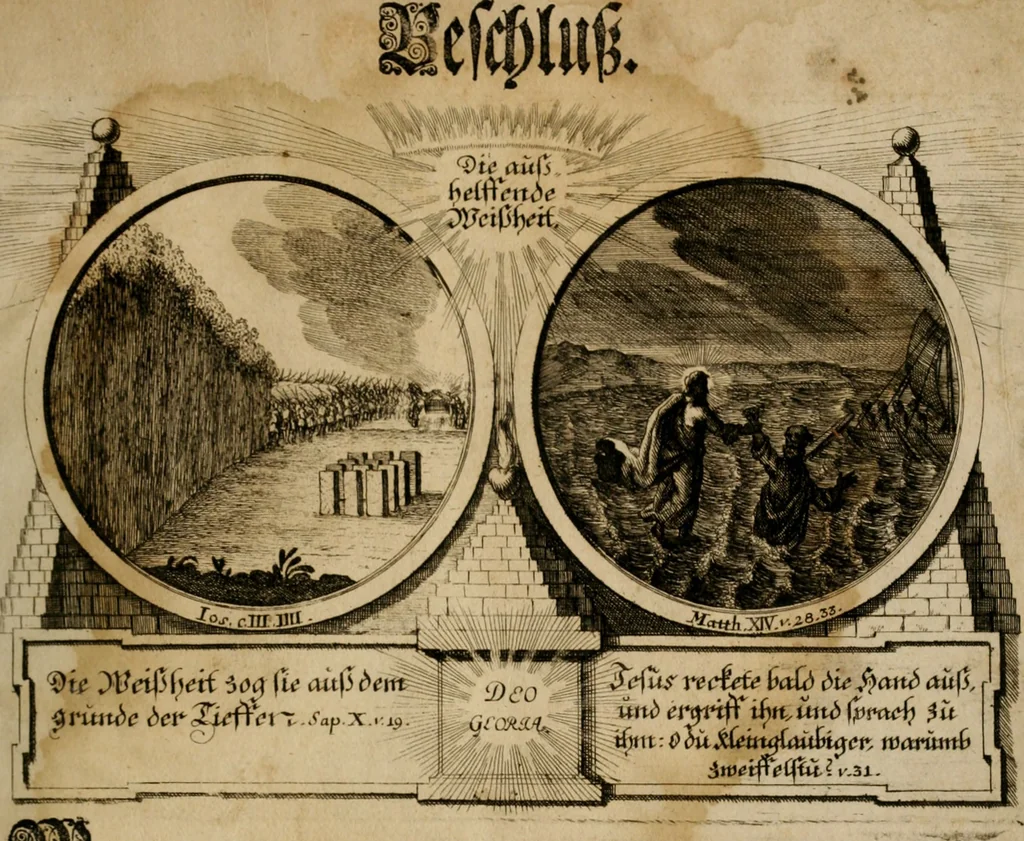An illustration from Hundert sinn- und lehr reiche Vergleichungs-Sonnette uber die Sonn- und Fest-Tags-Evangelien, ingleichen die Apostel-Geschichte : uber welchen zugleich zwey hundert aus dem Alten und Neuen Testament in Kupfer-Stich erbaulich vorgestellte Biblische Historien : nebst darauf zielenden Sinn-Bildern und darzu gehörigen Uber- und Unterschrifften befindlich, 1721, leaf 222