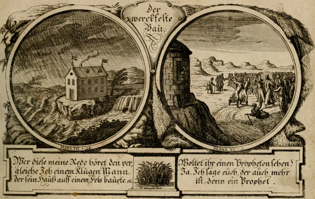 An illustration from Hundert sinn- und lehr reiche Vergleichungs-Sonnette uber die Sonn- und Fest-Tags-Evangelien, ingleichen die Apostel-Geschichte : uber welchen zugleich zwey hundert aus dem Alten und Neuen Testament in Kupfer-Stich erbaulich vorgestellte Biblische Historien : nebst darauf zielenden Sinn-Bildern und darzu gehörigen Uber- und Unterschrifften befindlich, 1721, leaf 26