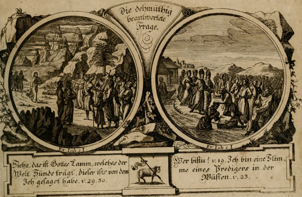 An illustration from Hundert sinn- und lehr reiche Vergleichungs-Sonnette uber die Sonn- und Fest-Tags-Evangelien, ingleichen die Apostel-Geschichte : uber welchen zugleich zwey hundert aus dem Alten und Neuen Testament in Kupfer-Stich erbaulich vorgestellte Biblische Historien : nebst darauf zielenden Sinn-Bildern und darzu gehörigen Uber- und Unterschrifften befindlich, 1721, leaf 28