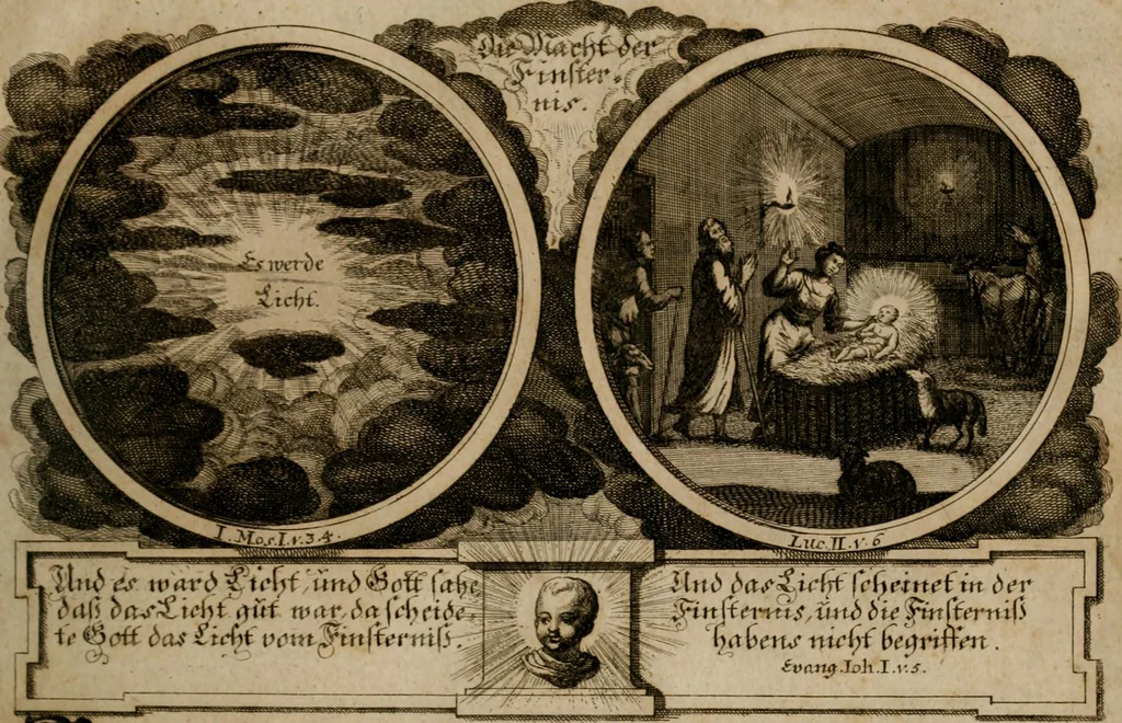 An illustration from Hundert sinn- und lehr reiche Vergleichungs-Sonnette uber die Sonn- und Fest-Tags-Evangelien, ingleichen die Apostel-Geschichte : uber welchen zugleich zwey hundert aus dem Alten und Neuen Testament in Kupfer-Stich erbaulich vorgestellte Biblische Historien : nebst darauf zielenden Sinn-Bildern und darzu gehörigen Uber- und Unterschrifften befindlich, 1721, leaf 34