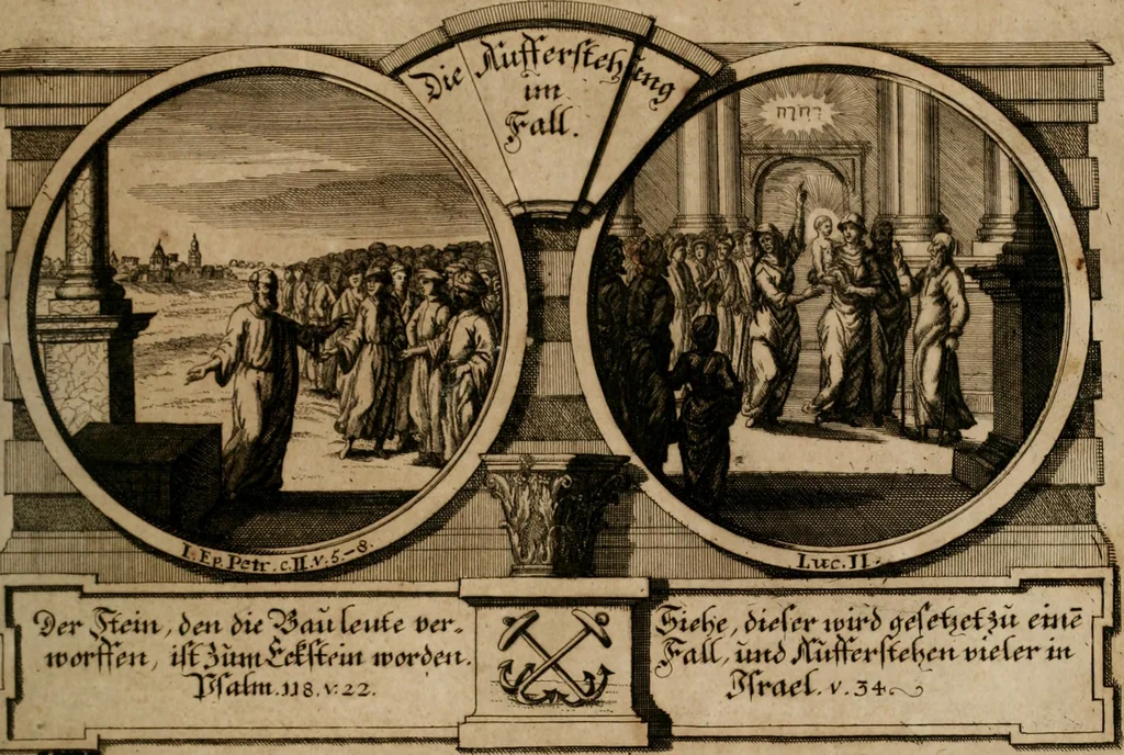 An illustration from Hundert sinn- und lehr reiche Vergleichungs-Sonnette uber die Sonn- und Fest-Tags-Evangelien, ingleichen die Apostel-Geschichte : uber welchen zugleich zwey hundert aus dem Alten und Neuen Testament in Kupfer-Stich erbaulich vorgestellte Biblische Historien : nebst darauf zielenden Sinn-Bildern und darzu gehörigen Uber- und Unterschrifften befindlich, 1721, leaf 36