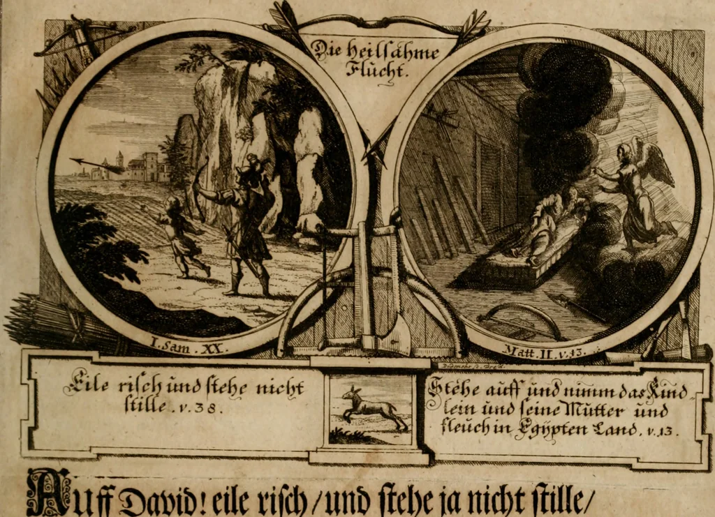 An illustration from Hundert sinn- und lehr reiche Vergleichungs-Sonnette uber die Sonn- und Fest-Tags-Evangelien, ingleichen die Apostel-Geschichte : uber welchen zugleich zwey hundert aus dem Alten und Neuen Testament in Kupfer-Stich erbaulich vorgestellte Biblische Historien : nebst darauf zielenden Sinn-Bildern und darzu gehörigen Uber- und Unterschrifften befindlich, 1721, leaf 40