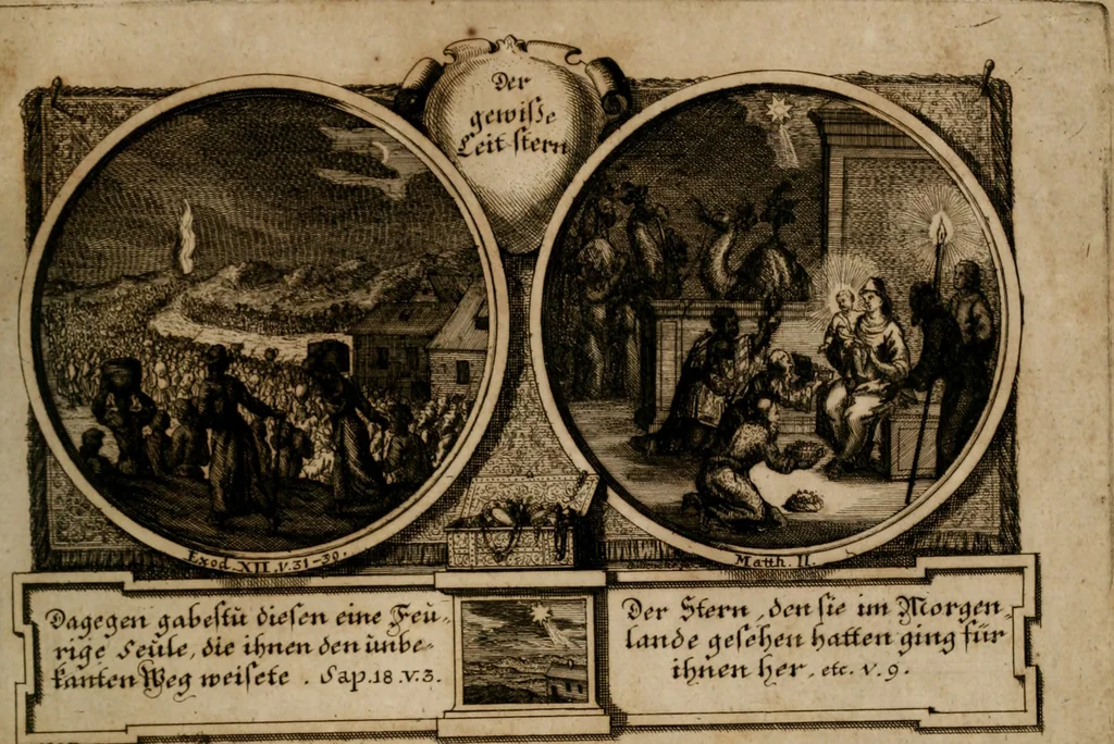 An illustration from Hundert sinn- und lehr reiche Vergleichungs-Sonnette uber die Sonn- und Fest-Tags-Evangelien, ingleichen die Apostel-Geschichte : uber welchen zugleich zwey hundert aus dem Alten und Neuen Testament in Kupfer-Stich erbaulich vorgestellte Biblische Historien : nebst darauf zielenden Sinn-Bildern und darzu gehörigen Uber- und Unterschrifften befindlich, 1721, leaf 42