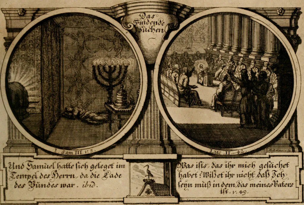 An illustration from Hundert sinn- und lehr reiche Vergleichungs-Sonnette uber die Sonn- und Fest-Tags-Evangelien, ingleichen die Apostel-Geschichte : uber welchen zugleich zwey hundert aus dem Alten und Neuen Testament in Kupfer-Stich erbaulich vorgestellte Biblische Historien : nebst darauf zielenden Sinn-Bildern und darzu gehörigen Uber- und Unterschrifften befindlich, 1721, leaf 44