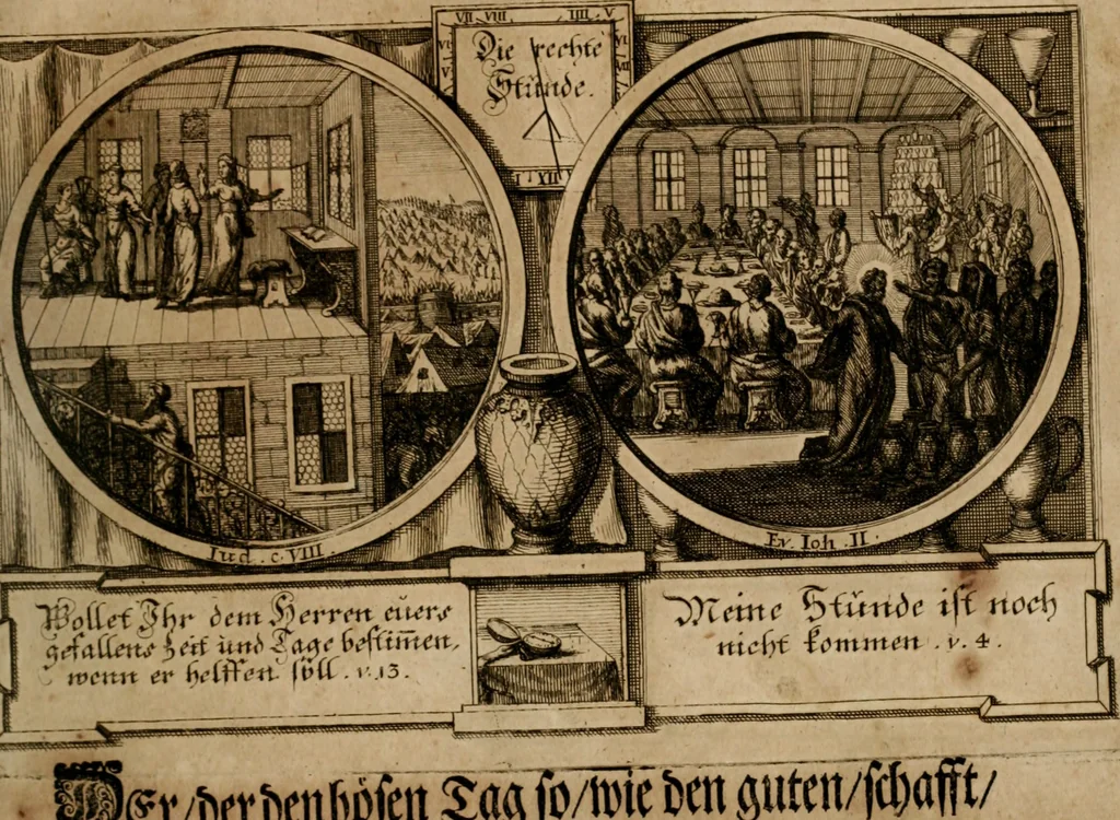 An illustration from Hundert sinn- und lehr reiche Vergleichungs-Sonnette uber die Sonn- und Fest-Tags-Evangelien, ingleichen die Apostel-Geschichte : uber welchen zugleich zwey hundert aus dem Alten und Neuen Testament in Kupfer-Stich erbaulich vorgestellte Biblische Historien : nebst darauf zielenden Sinn-Bildern und darzu gehörigen Uber- und Unterschrifften befindlich, 1721, leaf 46