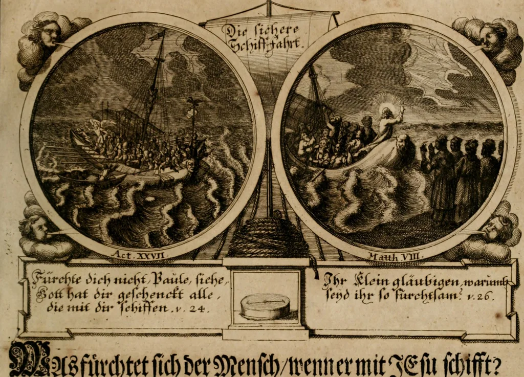 An illustration from Hundert sinn- und lehr reiche Vergleichungs-Sonnette uber die Sonn- und Fest-Tags-Evangelien, ingleichen die Apostel-Geschichte : uber welchen zugleich zwey hundert aus dem Alten und Neuen Testament in Kupfer-Stich erbaulich vorgestellte Biblische Historien : nebst darauf zielenden Sinn-Bildern und darzu gehörigen Uber- und Unterschrifften befindlich, 1721, leaf 50