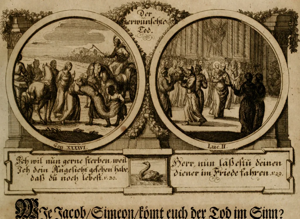 An illustration from Hundert sinn- und lehr reiche Vergleichungs-Sonnette uber die Sonn- und Fest-Tags-Evangelien, ingleichen die Apostel-Geschichte : uber welchen zugleich zwey hundert aus dem Alten und Neuen Testament in Kupfer-Stich erbaulich vorgestellte Biblische Historien : nebst darauf zielenden Sinn-Bildern und darzu gehörigen Uber- und Unterschrifften befindlich, 1721, leaf 52