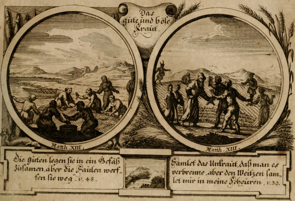 An illustration from Hundert sinn- und lehr reiche Vergleichungs-Sonnette uber die Sonn- und Fest-Tags-Evangelien, ingleichen die Apostel-Geschichte : uber welchen zugleich zwey hundert aus dem Alten und Neuen Testament in Kupfer-Stich erbaulich vorgestellte Biblische Historien : nebst darauf zielenden Sinn-Bildern und darzu gehörigen Uber- und Unterschrifften befindlich, 1721, leaf 54