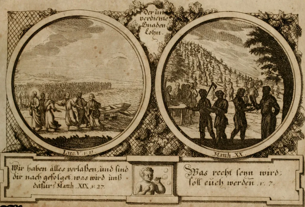 An illustration from Hundert sinn- und lehr reiche Vergleichungs-Sonnette uber die Sonn- und Fest-Tags-Evangelien, ingleichen die Apostel-Geschichte : uber welchen zugleich zwey hundert aus dem Alten und Neuen Testament in Kupfer-Stich erbaulich vorgestellte Biblische Historien : nebst darauf zielenden Sinn-Bildern und darzu gehörigen Uber- und Unterschrifften befindlich, 1721, leaf 56