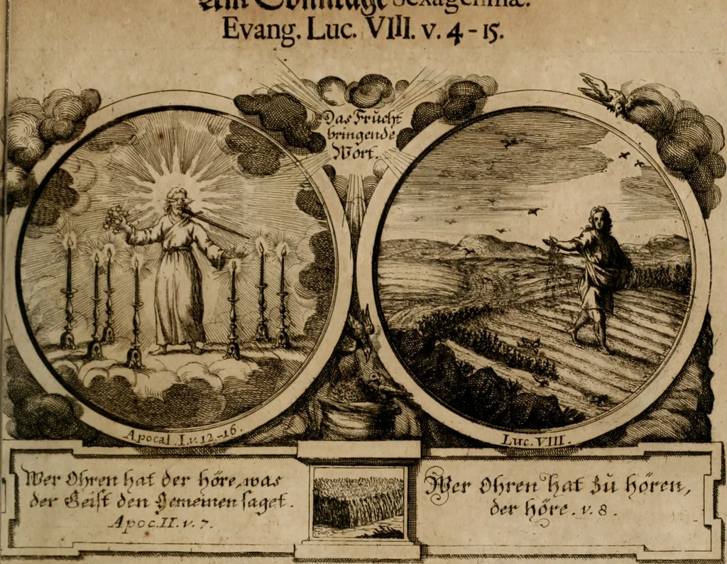 An illustration from Hundert sinn- und lehr reiche Vergleichungs-Sonnette uber die Sonn- und Fest-Tags-Evangelien, ingleichen die Apostel-Geschichte : uber welchen zugleich zwey hundert aus dem Alten und Neuen Testament in Kupfer-Stich erbaulich vorgestellte Biblische Historien : nebst darauf zielenden Sinn-Bildern und darzu gehörigen Uber- und Unterschrifften befindlich, 1721, leaf 58