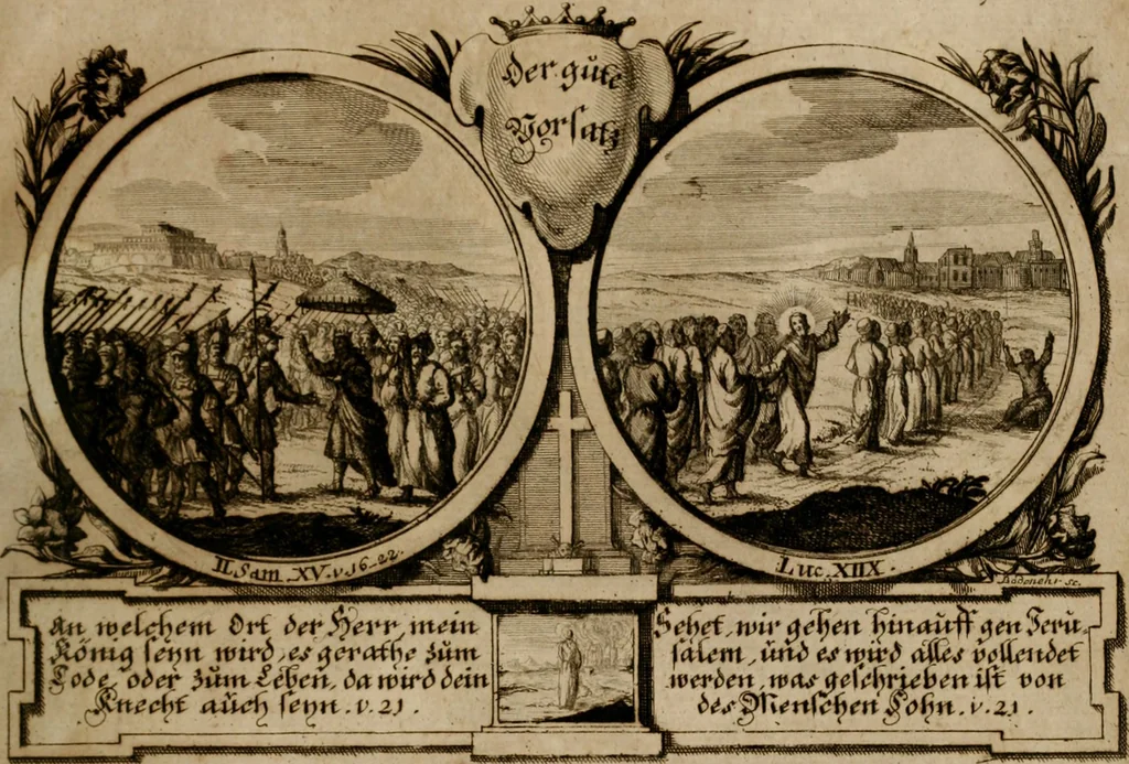 An illustration from Hundert sinn- und lehr reiche Vergleichungs-Sonnette uber die Sonn- und Fest-Tags-Evangelien, ingleichen die Apostel-Geschichte : uber welchen zugleich zwey hundert aus dem Alten und Neuen Testament in Kupfer-Stich erbaulich vorgestellte Biblische Historien : nebst darauf zielenden Sinn-Bildern und darzu gehörigen Uber- und Unterschrifften befindlich, 1721, leaf 60