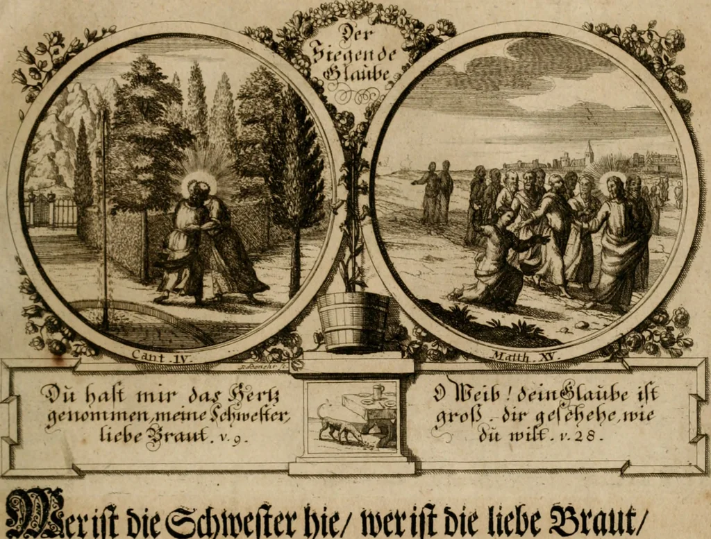 An illustration from Hundert sinn- und lehr reiche Vergleichungs-Sonnette uber die Sonn- und Fest-Tags-Evangelien, ingleichen die Apostel-Geschichte : uber welchen zugleich zwey hundert aus dem Alten und Neuen Testament in Kupfer-Stich erbaulich vorgestellte Biblische Historien : nebst darauf zielenden Sinn-Bildern und darzu gehörigen Uber- und Unterschrifften befindlich, 1721, leaf 64