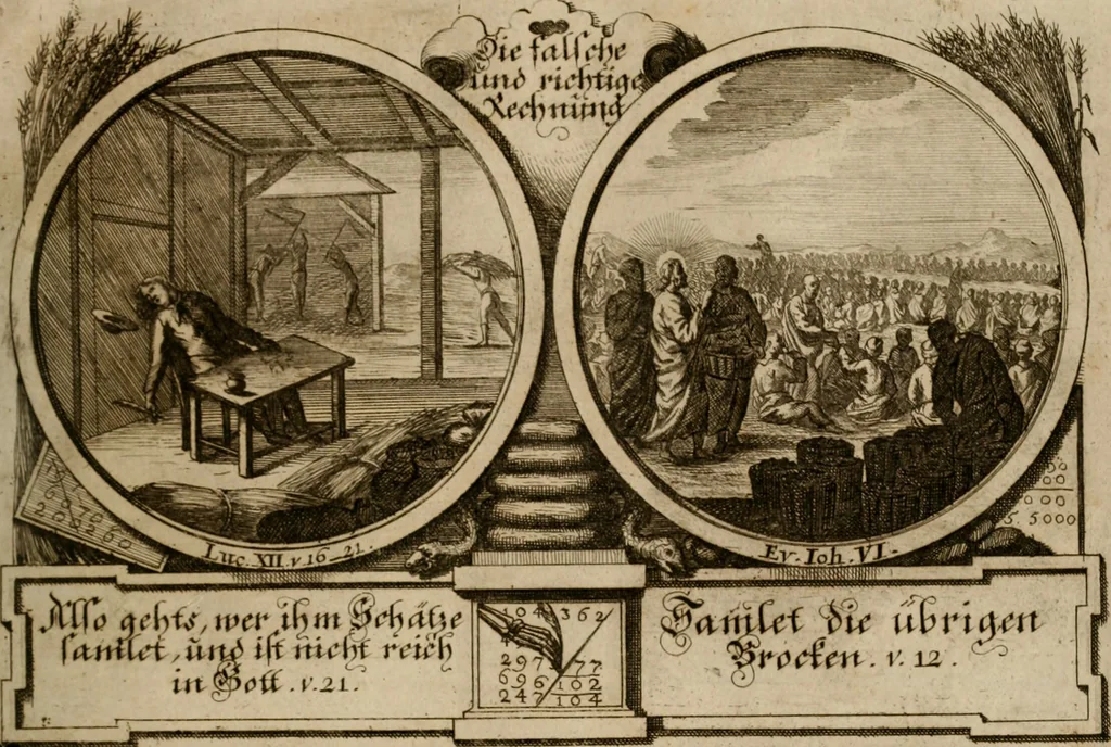 An illustration from Hundert sinn- und lehr reiche Vergleichungs-Sonnette uber die Sonn- und Fest-Tags-Evangelien, ingleichen die Apostel-Geschichte : uber welchen zugleich zwey hundert aus dem Alten und Neuen Testament in Kupfer-Stich erbaulich vorgestellte Biblische Historien : nebst darauf zielenden Sinn-Bildern und darzu gehörigen Uber- und Unterschrifften befindlich, 1721, leaf 68