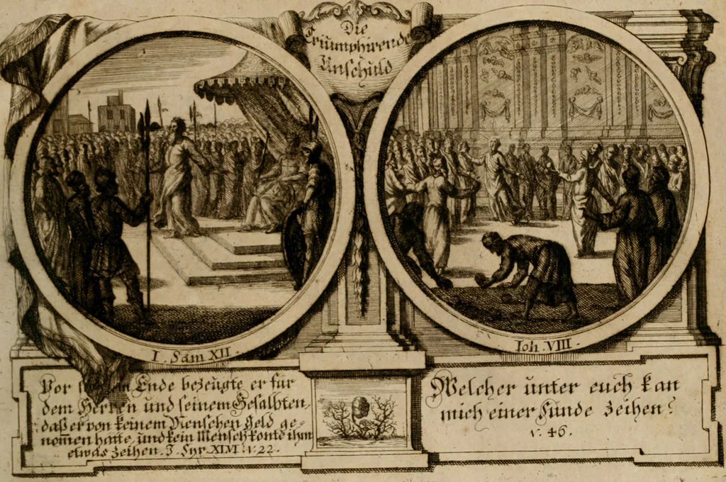 An illustration from Hundert sinn- und lehr reiche Vergleichungs-Sonnette uber die Sonn- und Fest-Tags-Evangelien, ingleichen die Apostel-Geschichte : uber welchen zugleich zwey hundert aus dem Alten und Neuen Testament in Kupfer-Stich erbaulich vorgestellte Biblische Historien : nebst darauf zielenden Sinn-Bildern und darzu gehörigen Uber- und Unterschrifften befindlich, 1721, leaf 70