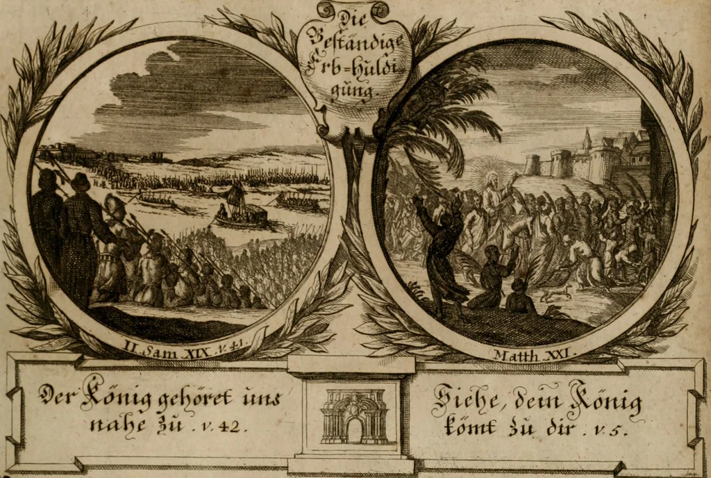 An illustration from Hundert sinn- und lehr reiche Vergleichungs-Sonnette uber die Sonn- und Fest-Tags-Evangelien, ingleichen die Apostel-Geschichte : uber welchen zugleich zwey hundert aus dem Alten und Neuen Testament in Kupfer-Stich erbaulich vorgestellte Biblische Historien : nebst darauf zielenden Sinn-Bildern und darzu gehörigen Uber- und Unterschrifften befindlich, 1721, leaf 74