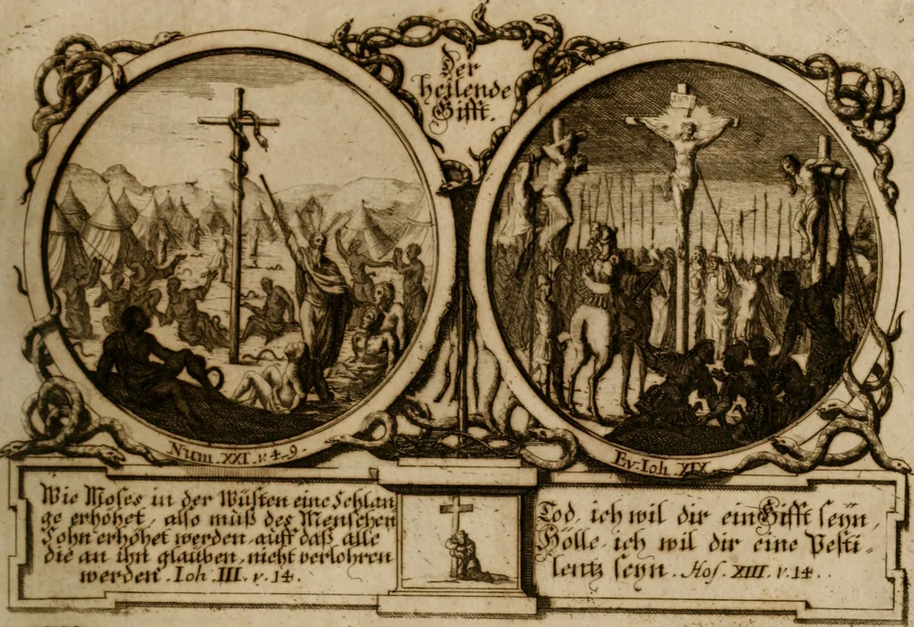 An illustration from Hundert sinn- und lehr reiche Vergleichungs-Sonnette uber die Sonn- und Fest-Tags-Evangelien, ingleichen die Apostel-Geschichte : uber welchen zugleich zwey hundert aus dem Alten und Neuen Testament in Kupfer-Stich erbaulich vorgestellte Biblische Historien : nebst darauf zielenden Sinn-Bildern und darzu gehörigen Uber- und Unterschrifften befindlich, 1721, leaf 78