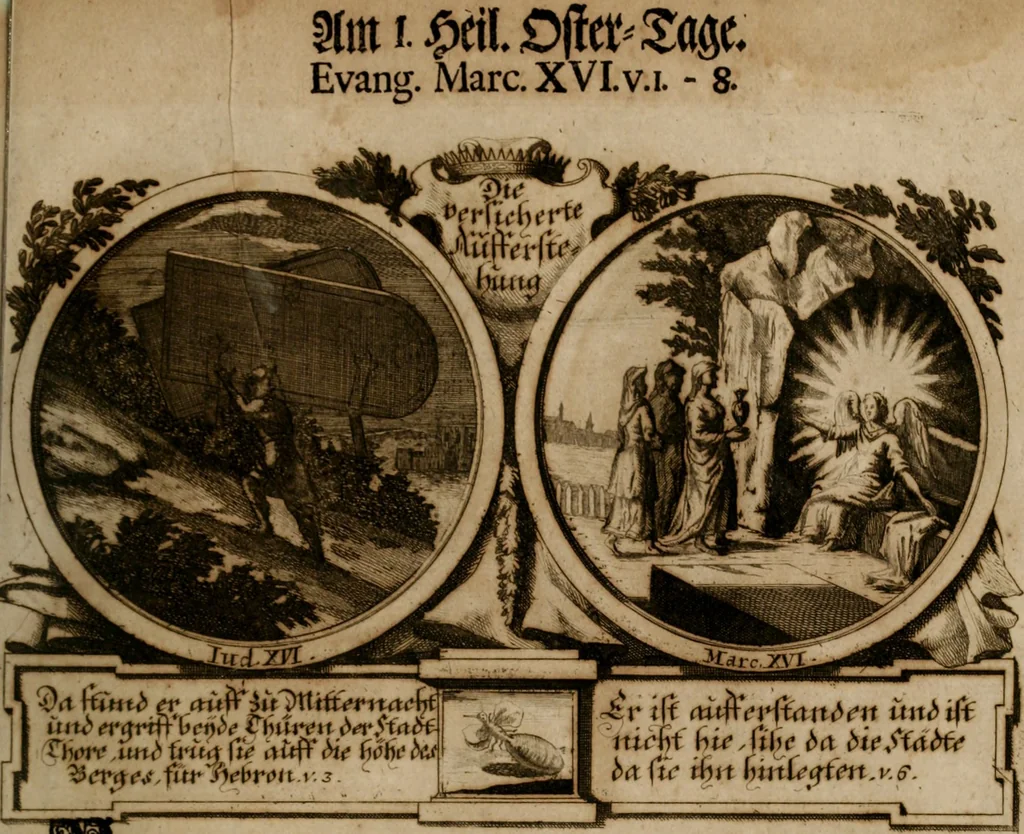 An illustration from Hundert sinn- und lehr reiche Vergleichungs-Sonnette uber die Sonn- und Fest-Tags-Evangelien, ingleichen die Apostel-Geschichte : uber welchen zugleich zwey hundert aus dem Alten und Neuen Testament in Kupfer-Stich erbaulich vorgestellte Biblische Historien : nebst darauf zielenden Sinn-Bildern und darzu gehörigen Uber- und Unterschrifften befindlich, 1721, leaf 80