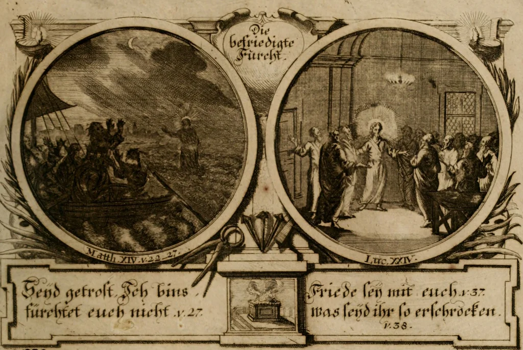 An illustration from Hundert sinn- und lehr reiche Vergleichungs-Sonnette uber die Sonn- und Fest-Tags-Evangelien, ingleichen die Apostel-Geschichte : uber welchen zugleich zwey hundert aus dem Alten und Neuen Testament in Kupfer-Stich erbaulich vorgestellte Biblische Historien : nebst darauf zielenden Sinn-Bildern und darzu gehörigen Uber- und Unterschrifften befindlich, 1721, leaf 84