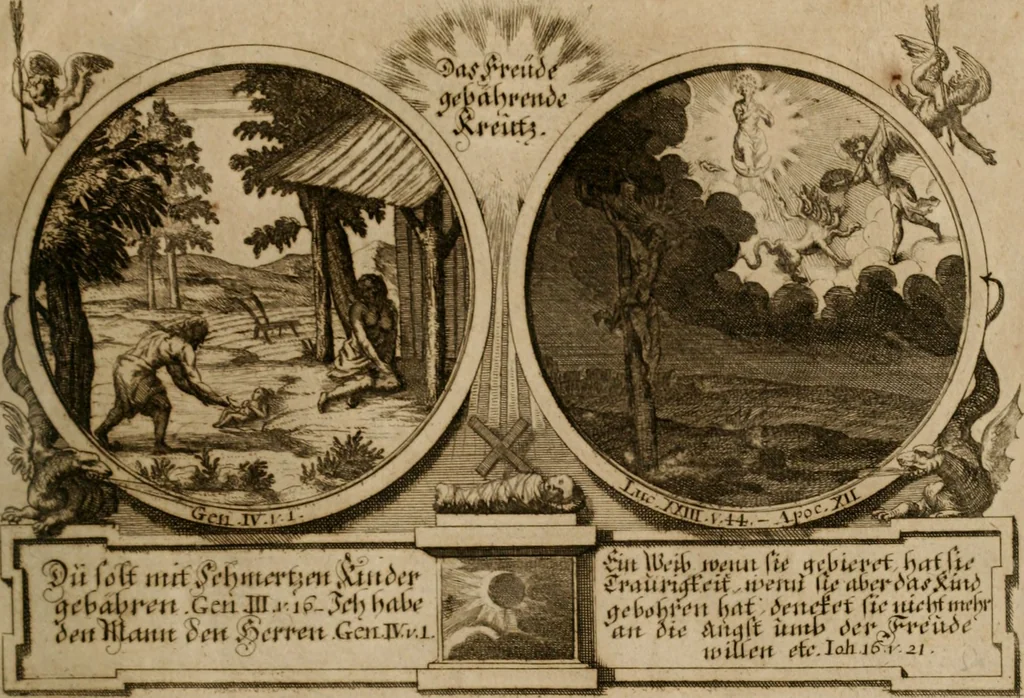 An illustration from Hundert sinn- und lehr reiche Vergleichungs-Sonnette uber die Sonn- und Fest-Tags-Evangelien, ingleichen die Apostel-Geschichte : uber welchen zugleich zwey hundert aus dem Alten und Neuen Testament in Kupfer-Stich erbaulich vorgestellte Biblische Historien : nebst darauf zielenden Sinn-Bildern und darzu gehörigen Uber- und Unterschrifften befindlich, 1721, leaf 88