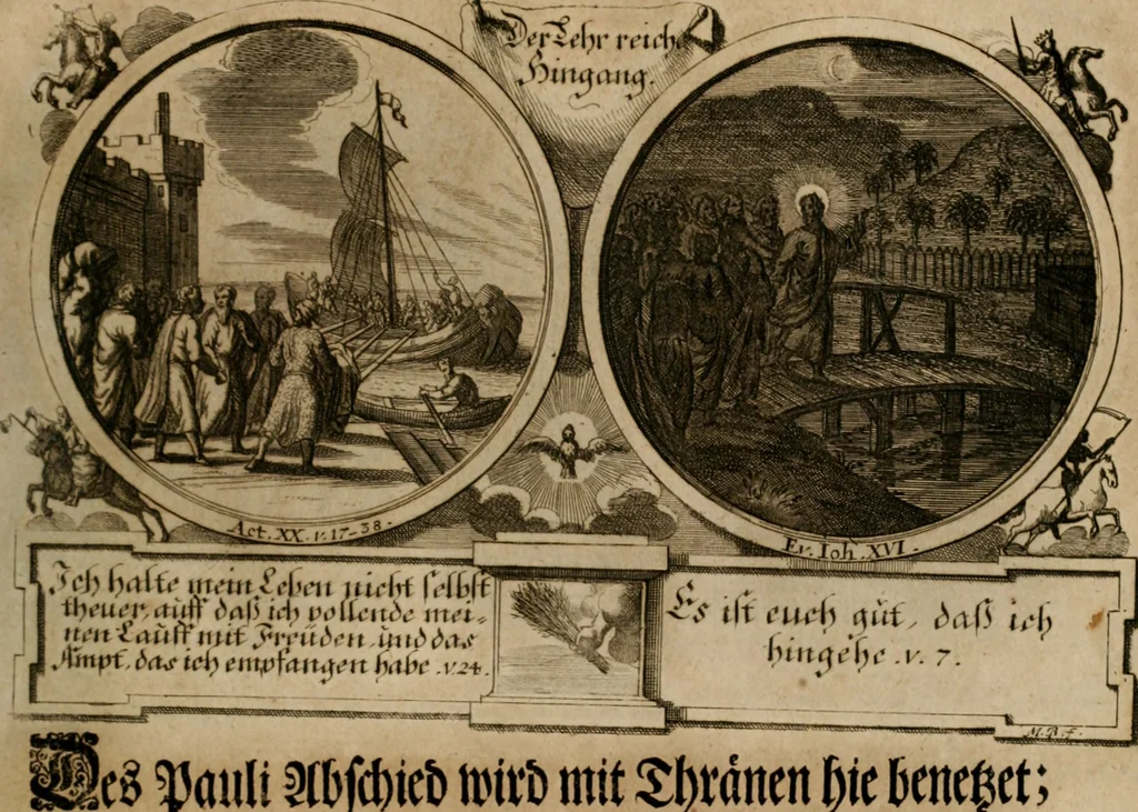 An illustration from Hundert sinn- und lehr reiche Vergleichungs-Sonnette uber die Sonn- und Fest-Tags-Evangelien, ingleichen die Apostel-Geschichte : uber welchen zugleich zwey hundert aus dem Alten und Neuen Testament in Kupfer-Stich erbaulich vorgestellte Biblische Historien : nebst darauf zielenden Sinn-Bildern und darzu gehörigen Uber- und Unterschrifften befindlich, 1721, leaf 92