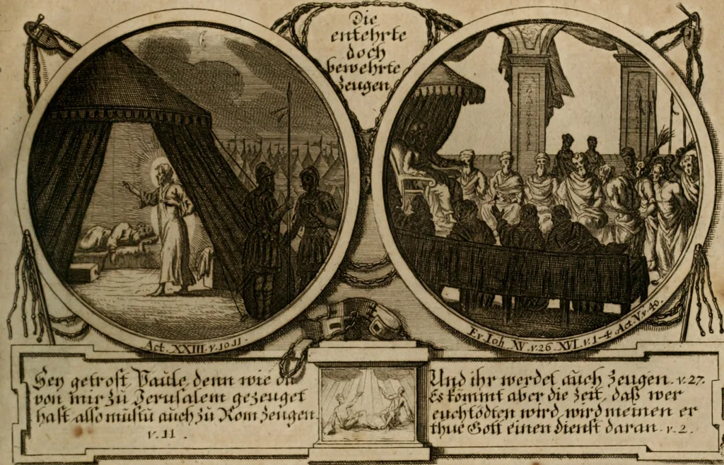 An illustration from Hundert sinn- und lehr reiche Vergleichungs-Sonnette uber die Sonn- und Fest-Tags-Evangelien, ingleichen die Apostel-Geschichte : uber welchen zugleich zwey hundert aus dem Alten und Neuen Testament in Kupfer-Stich erbaulich vorgestellte Biblische Historien : nebst darauf zielenden Sinn-Bildern und darzu gehörigen Uber- und Unterschrifften befindlich, 1721, leaf 98