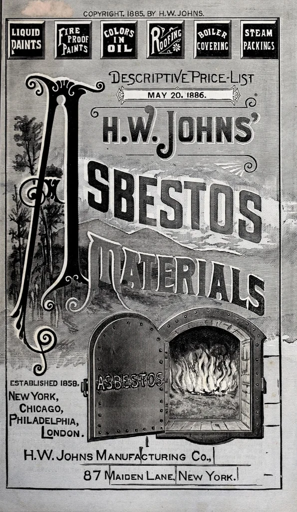 An illustration from H.W. Johns' asbestos materials : liquid paints, fire proof paints, colors in oils, roofing, boiler covering, steam packings., 1885, leaf 1