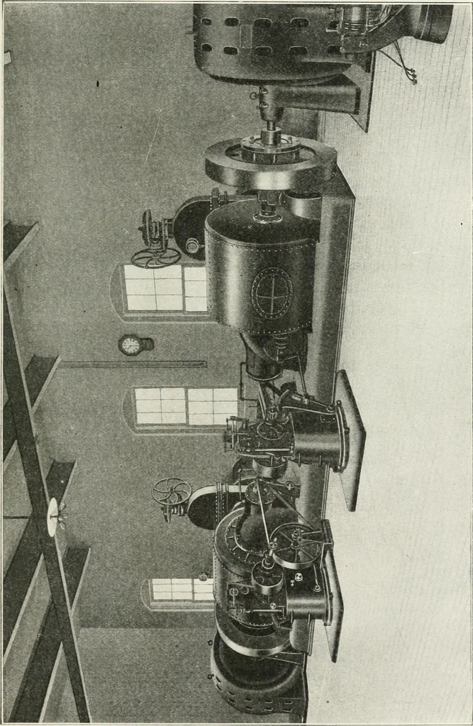 An illustration from Hydraulic engineering; a practical treatise on the principles of water pressure and flow and their application to the development of water power, including the calculation, design and construction of water wheels, turbines, and other details of hydraulic power plants, 1909, leaf 104