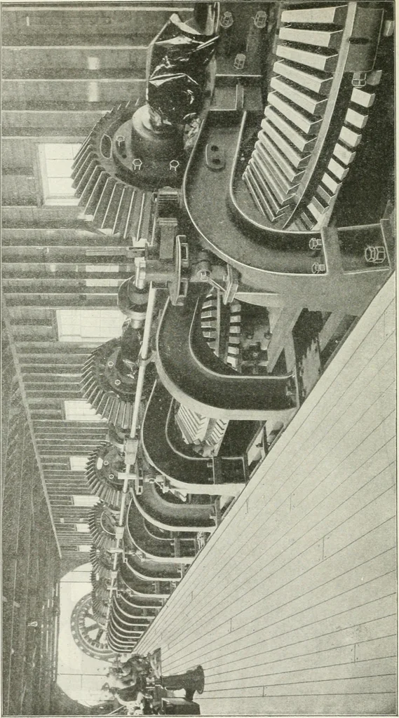 An illustration from Hydraulic engineering; a practical treatise on the principles of water pressure and flow and their application to the development of water power, including the calculation, design and construction of water wheels, turbines, and other details of hydraulic power plants, 1909, leaf 115