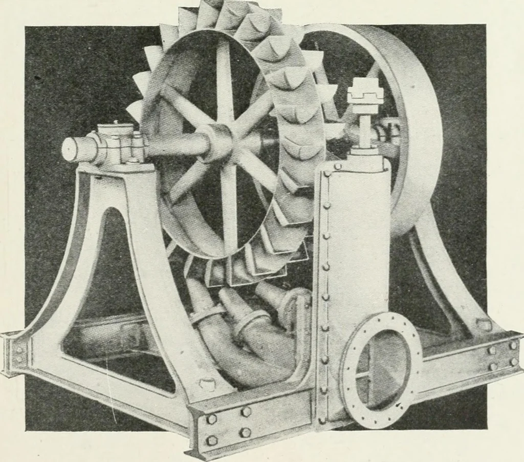 An illustration from Hydraulic engineering; a practical treatise on the principles of water pressure and flow and their application to the development of water power, including the calculation, design and construction of water wheels, turbines, and other details of hydraulic power plants, 1909, leaf 148