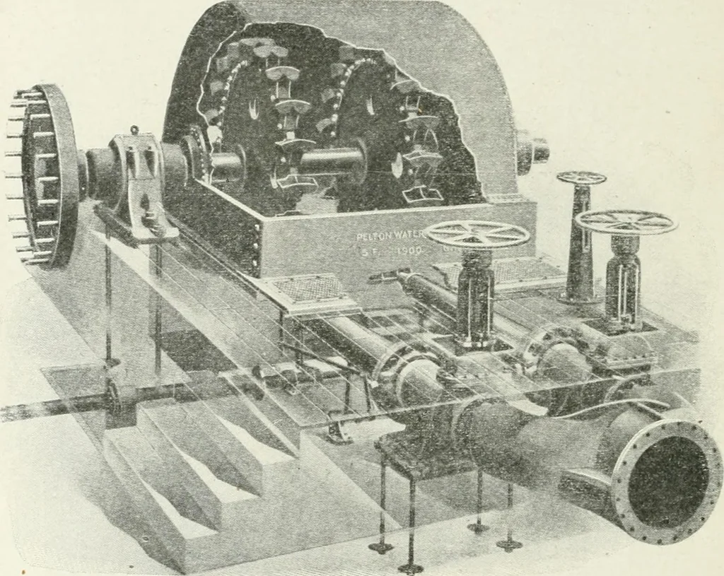 An illustration from Hydraulic engineering; a practical treatise on the principles of water pressure and flow and their application to the development of water power, including the calculation, design and construction of water wheels, turbines, and other details of hydraulic power plants, 1909, leaf 149
