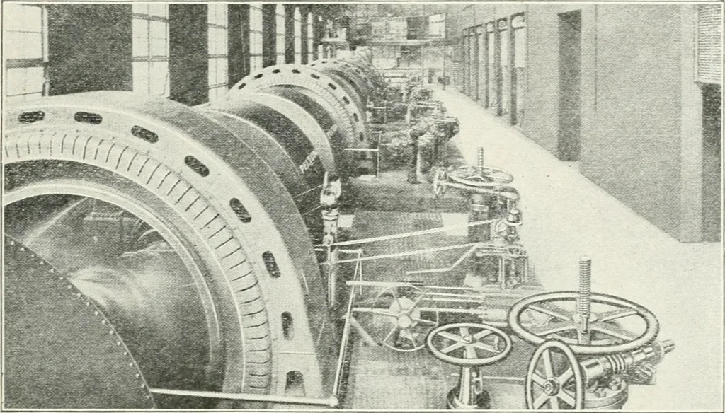 An illustration from Hydraulic engineering; a practical treatise on the principles of water pressure and flow and their application to the development of water power, including the calculation, design and construction of water wheels, turbines, and other details of hydraulic power plants, 1909, leaf 150