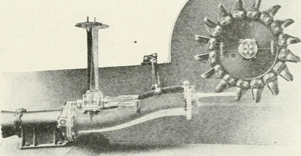 An illustration from Hydraulic engineering; a practical treatise on the principles of water pressure and flow and their application to the development of water power, including the calculation, design and construction of water wheels, turbines, and other details of hydraulic power plants, 1909, leaf 156