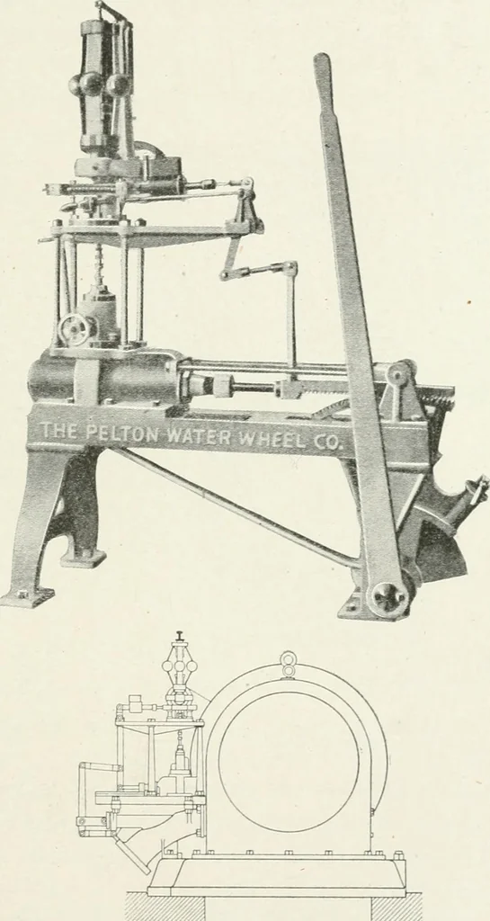 An illustration from Hydraulic engineering; a practical treatise on the principles of water pressure and flow and their application to the development of water power, including the calculation, design and construction of water wheels, turbines, and other details of hydraulic power plants, 1909, leaf 158