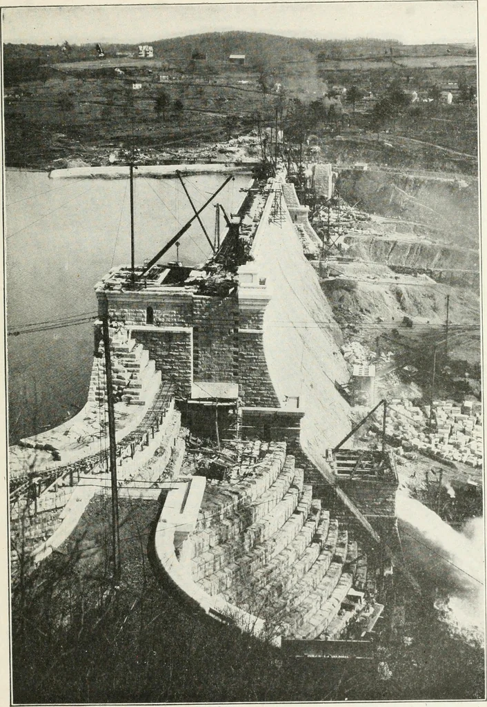 An illustration from Hydraulic engineering; a practical treatise on the principles of water pressure and flow and their application to the development of water power, including the calculation, design and construction of water wheels, turbines, and other details of hydraulic power plants, 1909, leaf 18