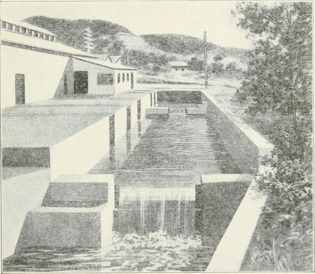 An illustration from Hydraulic engineering; a practical treatise on the principles of water pressure and flow and their application to the development of water power, including the calculation, design and construction of water wheels, turbines, and other details of hydraulic power plants, 1909, leaf 184