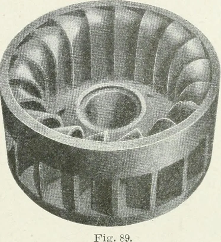 An illustration from Hydraulic engineering; a practical treatise on the principles of water pressure and flow and their application to the development of water power, including the calculation, design and construction of water wheels, turbines, and other details of hydraulic power plants, 1909, leaf 220