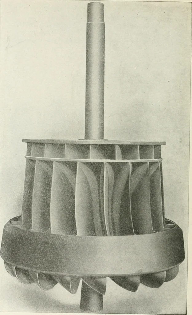 An illustration from Hydraulic engineering; a practical treatise on the principles of water pressure and flow and their application to the development of water power, including the calculation, design and construction of water wheels, turbines, and other details of hydraulic power plants, 1909, leaf 221