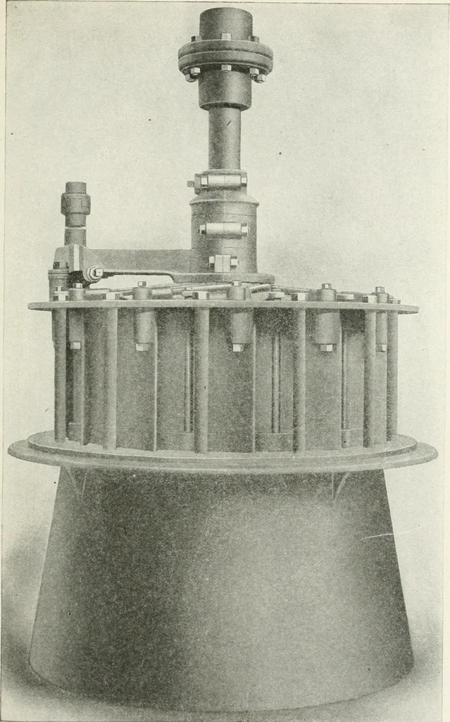 An illustration from Hydraulic engineering; a practical treatise on the principles of water pressure and flow and their application to the development of water power, including the calculation, design and construction of water wheels, turbines, and other details of hydraulic power plants, 1909, leaf 222
