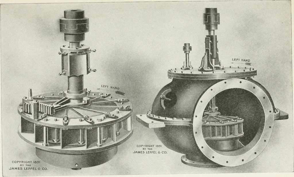 An illustration from Hydraulic engineering; a practical treatise on the principles of water pressure and flow and their application to the development of water power, including the calculation, design and construction of water wheels, turbines, and other details of hydraulic power plants, 1909, leaf 224