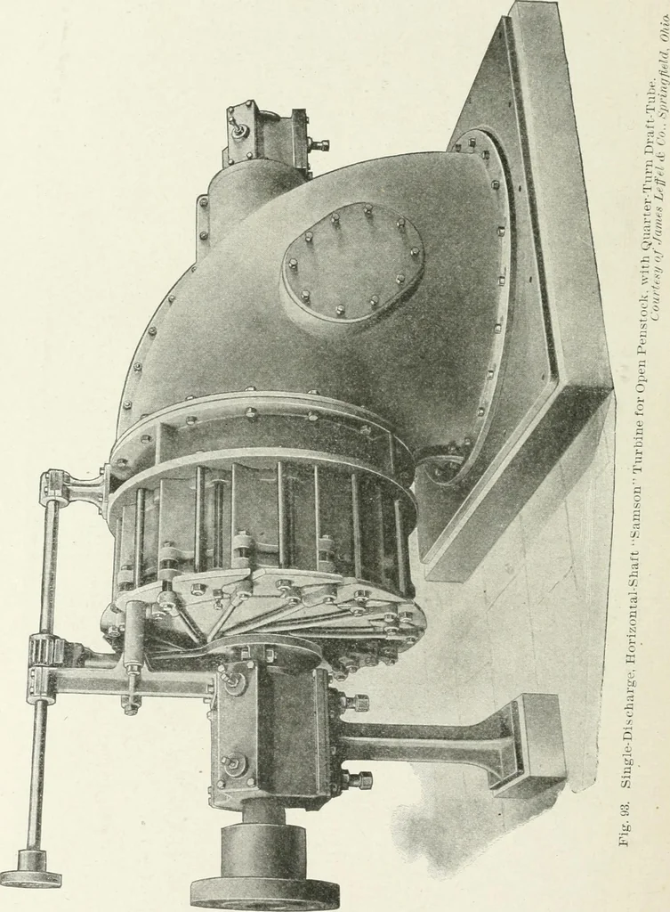 An illustration from Hydraulic engineering; a practical treatise on the principles of water pressure and flow and their application to the development of water power, including the calculation, design and construction of water wheels, turbines, and other details of hydraulic power plants, 1909, leaf 225