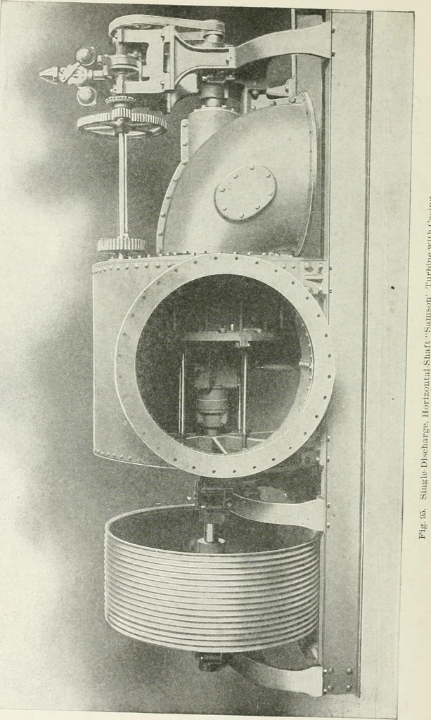 An illustration from Hydraulic engineering; a practical treatise on the principles of water pressure and flow and their application to the development of water power, including the calculation, design and construction of water wheels, turbines, and other details of hydraulic power plants, 1909, leaf 227