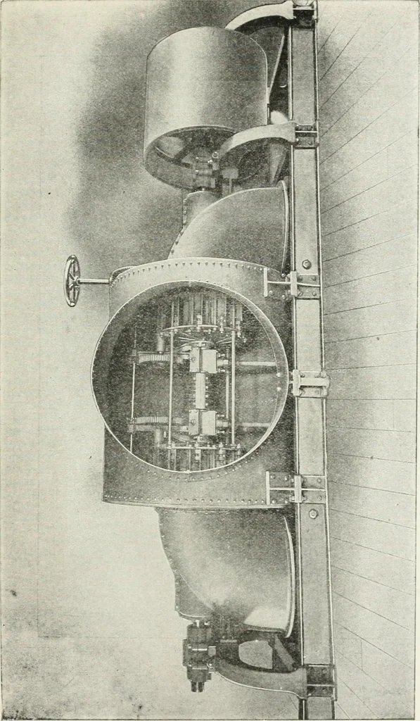 An illustration from Hydraulic engineering; a practical treatise on the principles of water pressure and flow and their application to the development of water power, including the calculation, design and construction of water wheels, turbines, and other details of hydraulic power plants, 1909, leaf 228