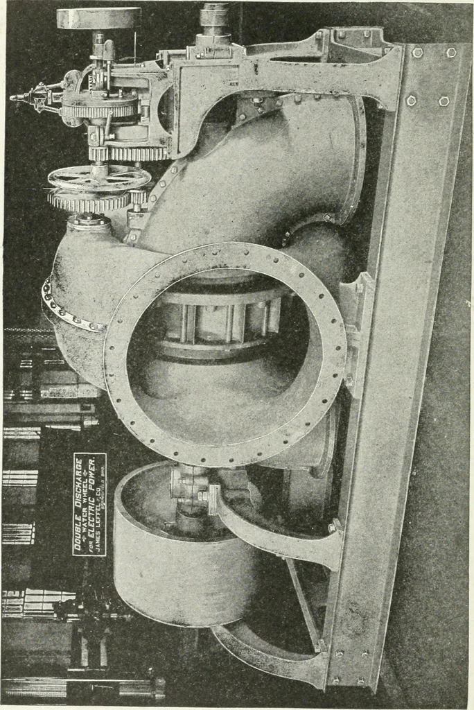 An illustration from Hydraulic engineering; a practical treatise on the principles of water pressure and flow and their application to the development of water power, including the calculation, design and construction of water wheels, turbines, and other details of hydraulic power plants, 1909, leaf 229