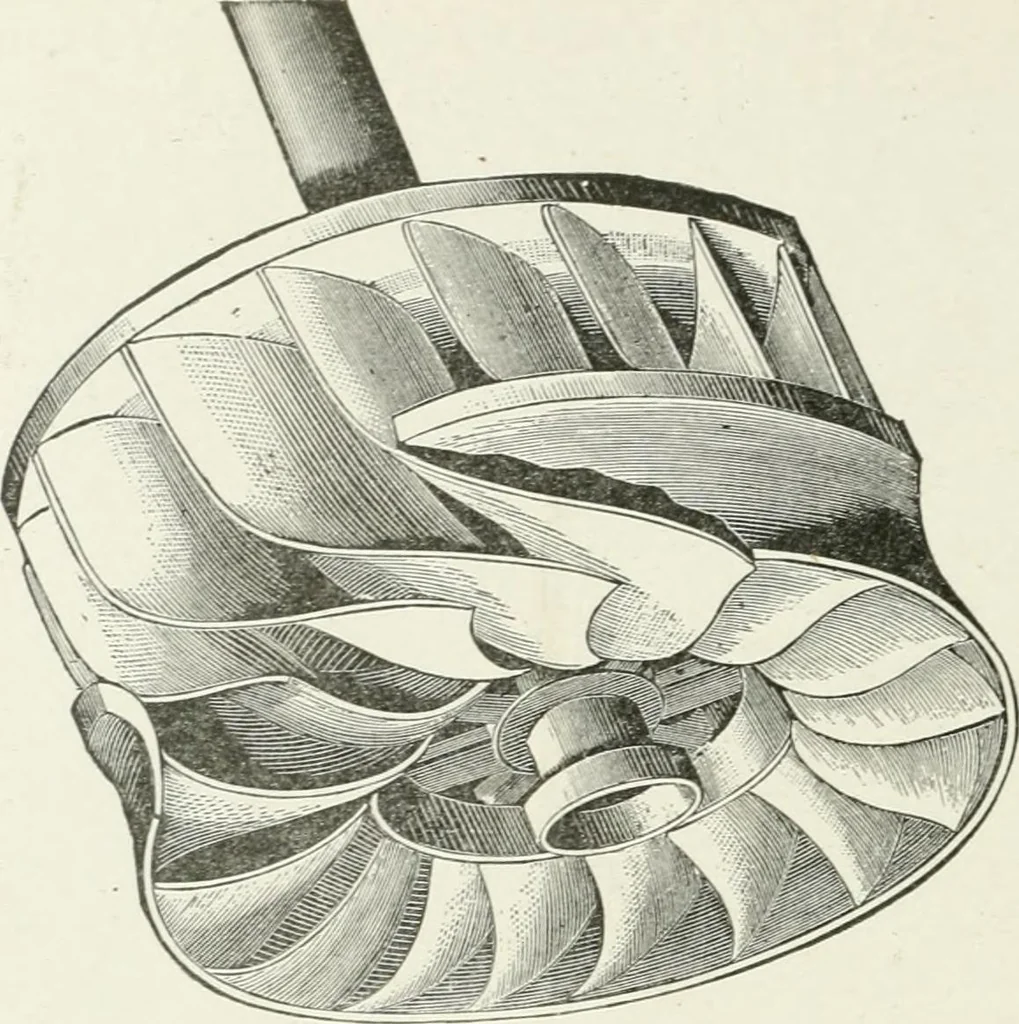 An illustration from Hydraulic engineering; a practical treatise on the principles of water pressure and flow and their application to the development of water power, including the calculation, design and construction of water wheels, turbines, and other details of hydraulic power plants, 1909, leaf 231