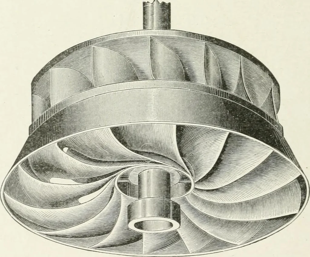 An illustration from Hydraulic engineering; a practical treatise on the principles of water pressure and flow and their application to the development of water power, including the calculation, design and construction of water wheels, turbines, and other details of hydraulic power plants, 1909, leaf 231