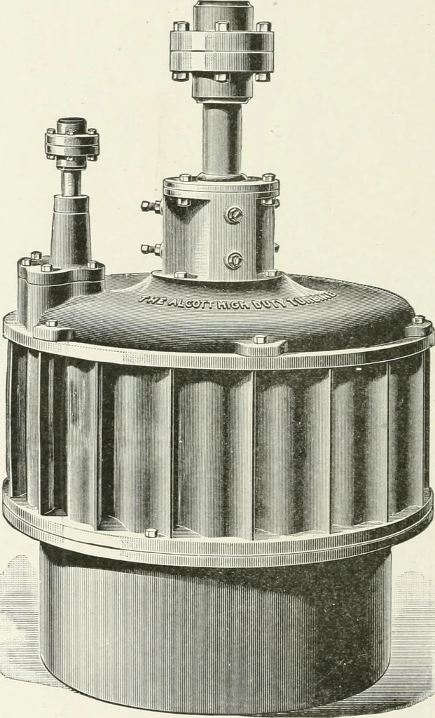 An illustration from Hydraulic engineering; a practical treatise on the principles of water pressure and flow and their application to the development of water power, including the calculation, design and construction of water wheels, turbines, and other details of hydraulic power plants, 1909, leaf 235