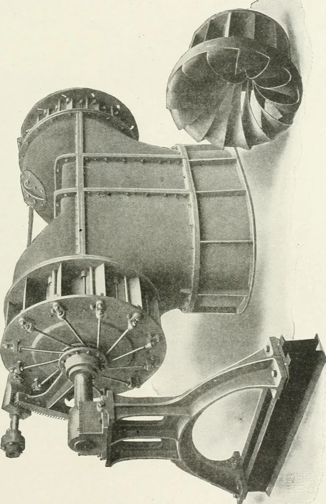 An illustration from Hydraulic engineering; a practical treatise on the principles of water pressure and flow and their application to the development of water power, including the calculation, design and construction of water wheels, turbines, and other details of hydraulic power plants, 1909, leaf 236